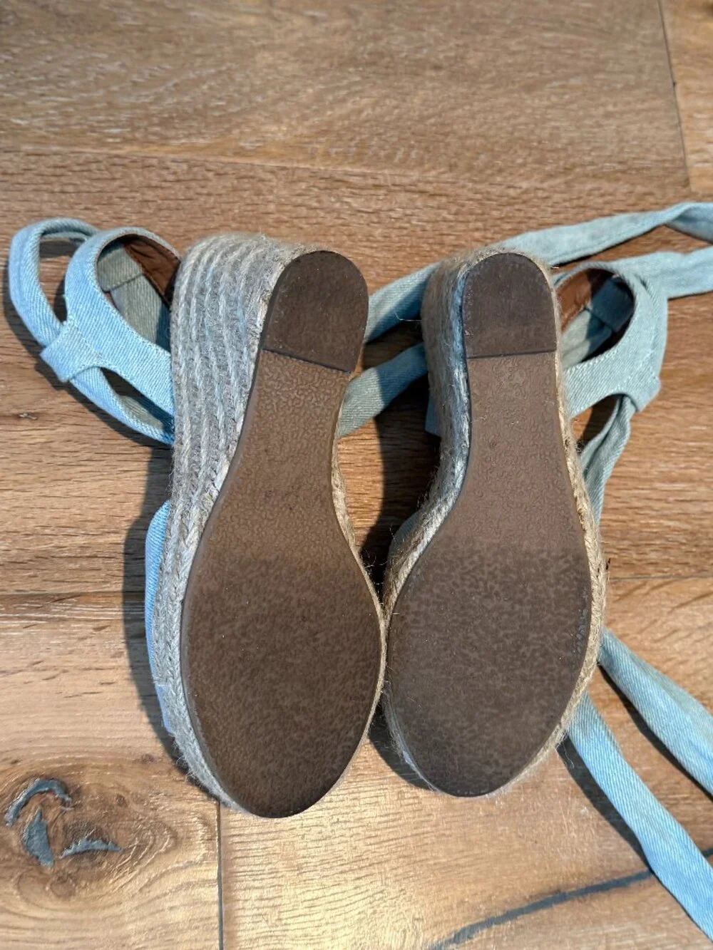 French Texto Espadrilles from the Cote d' Azure Light Blue Denim & Jute Heel 4